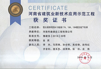 “恒大綠洲項(xiàng)目A10地塊17#、18#、19#樓及地下車庫(kù)工程”榮獲“河南省建筑業(yè)新技術(shù)應(yīng)用示范工程”金獎(jiǎng)