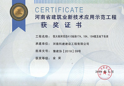 “恒大綠洲項(xiàng)目A10地塊17#、18#、19#樓及地下車庫(kù)工程”榮獲“河南省建筑業(yè)新技術(shù)應(yīng)用示范工程”金獎(jiǎng)